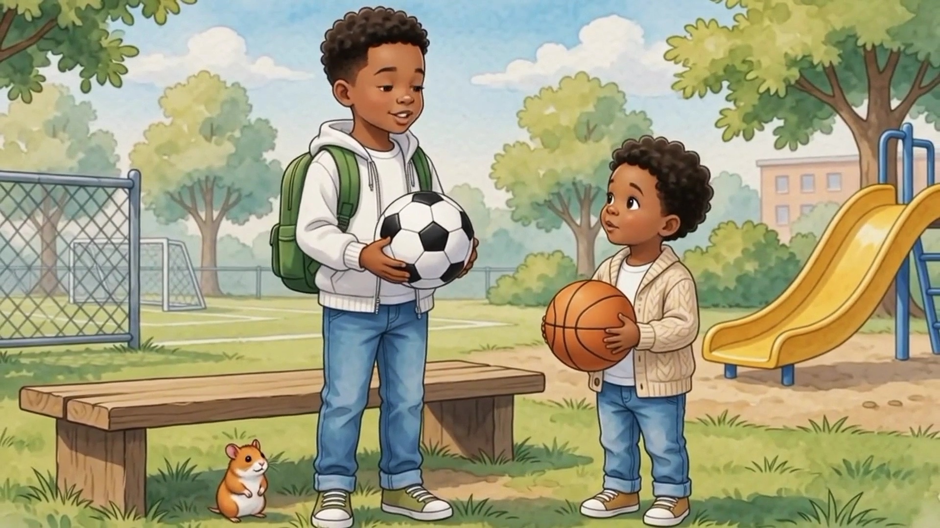 Two brothers at school after finding the missing soccer ball